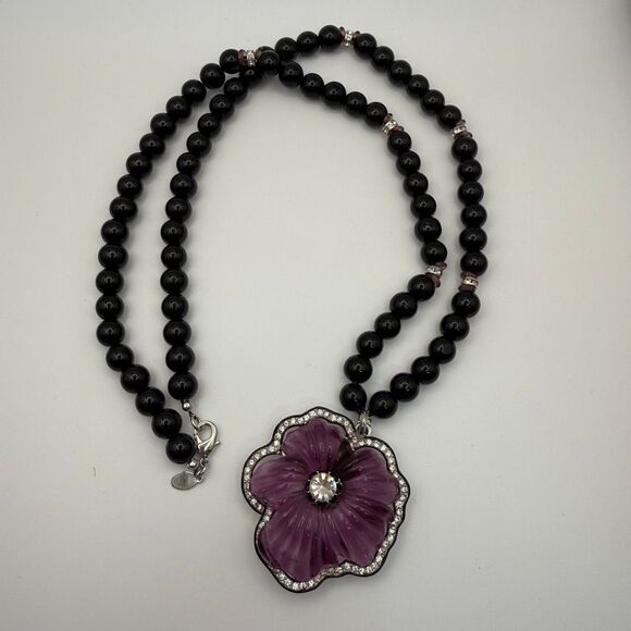 Kenneth Jay Lane Jewelry - Kenneth Jay Lane vintage Floral Pendant Necklace Signed Black Beads purple
